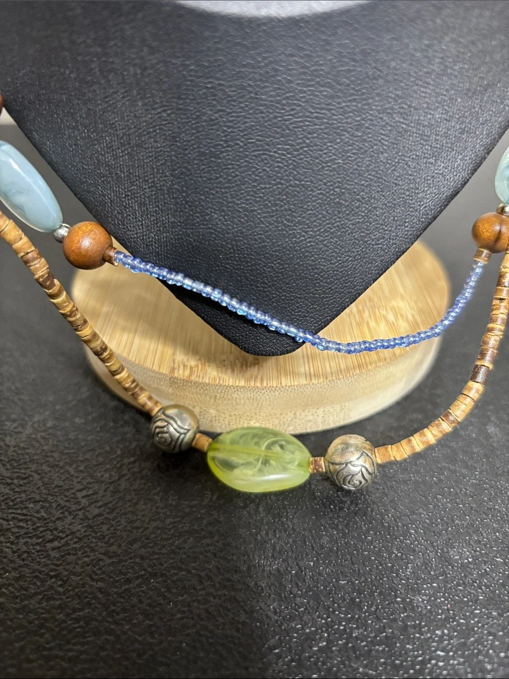 Handcrafted Boho Wood Muti Media Blue and Green Beaded Layered Necklace